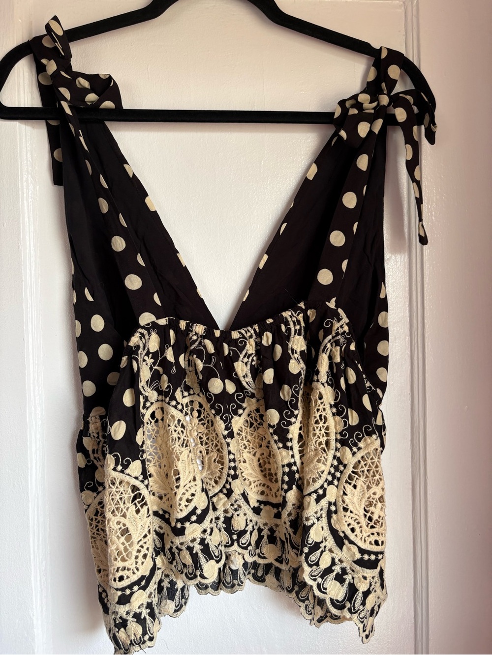 Free People Lunch Date Polka Dot Halter Top Crochet Lace Boho Black Medium NWT - Picture 8 of 8